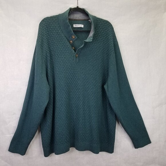 Tommy Bahama Sandbar Button Sweater Men's 2XLB Waffle Knit Henley Deep Sea Teal - Picture 1 of 13